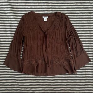 Brown Sheer Blouse with Lace Trim